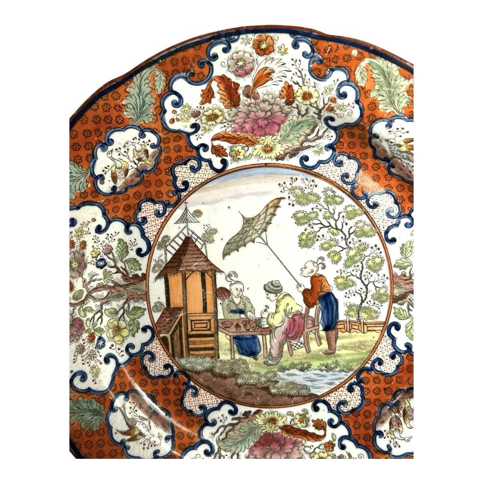 Antique Pearlware Cabinet Plate in Apothecary or Parasol Chinoserie Pattern