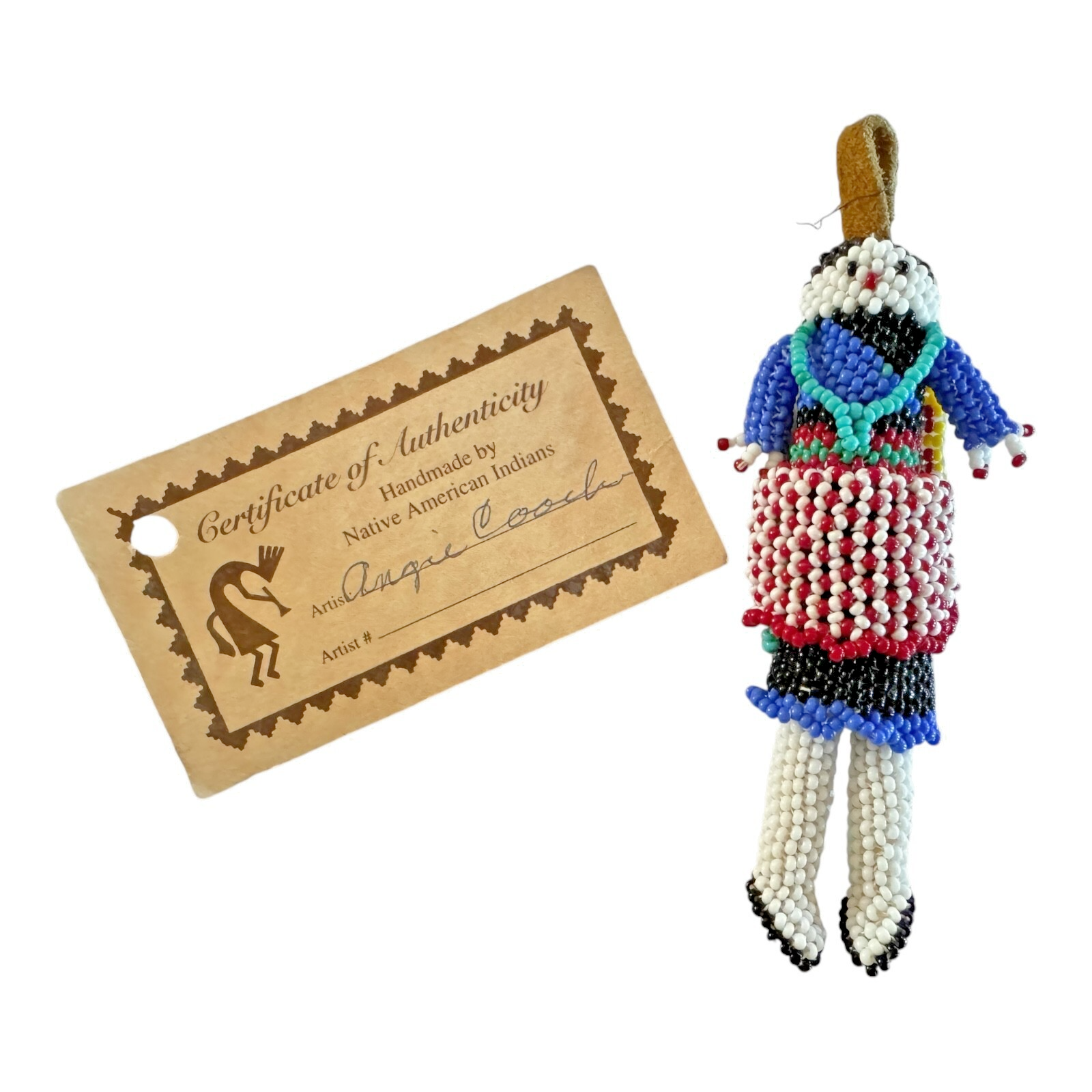 Vintage Zuni Native American Beaded Doll Fetish Ornament, Signed & COA