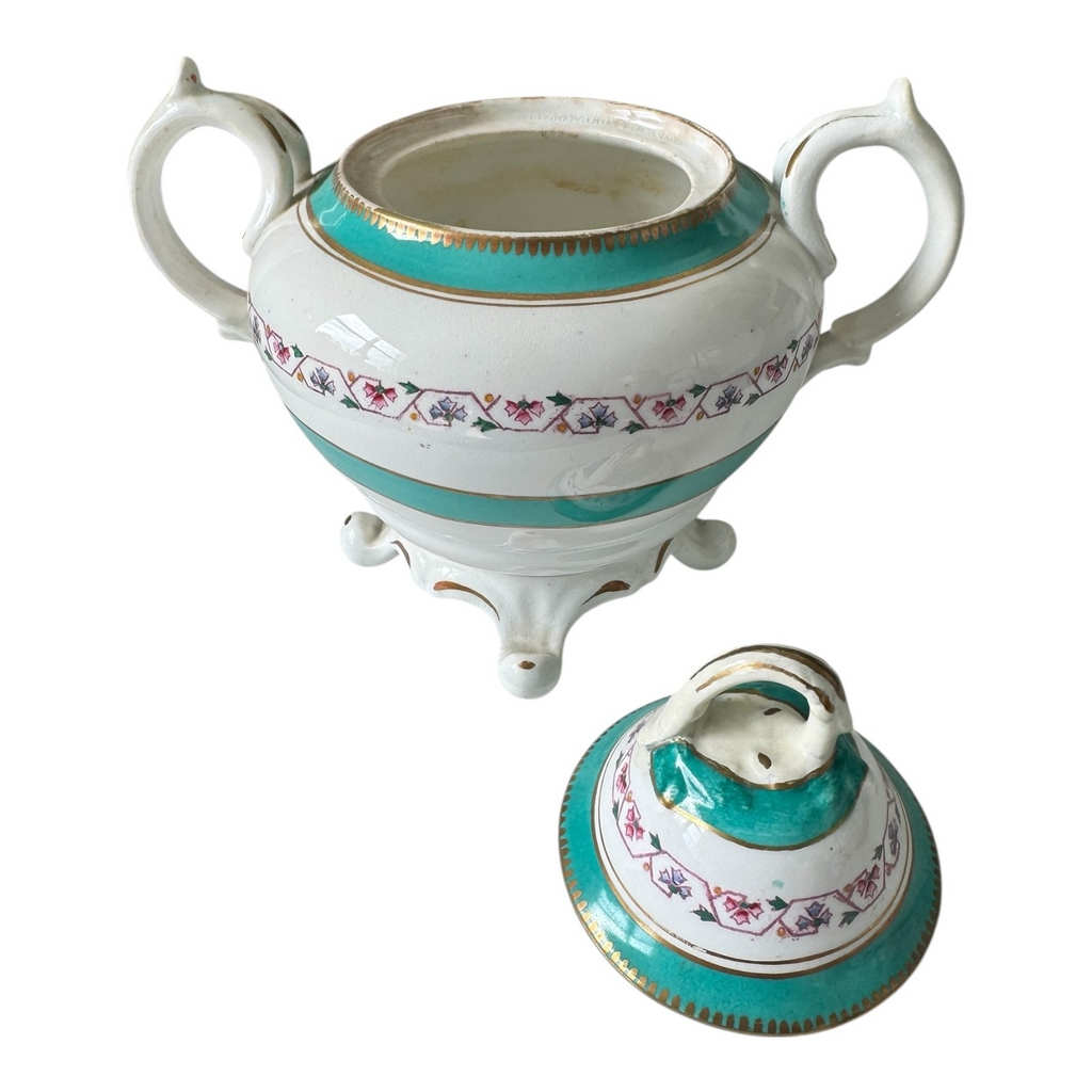 Antique Victorian Porcelain Covered Sugar Bowl - Double Handled Turquoise & Gold