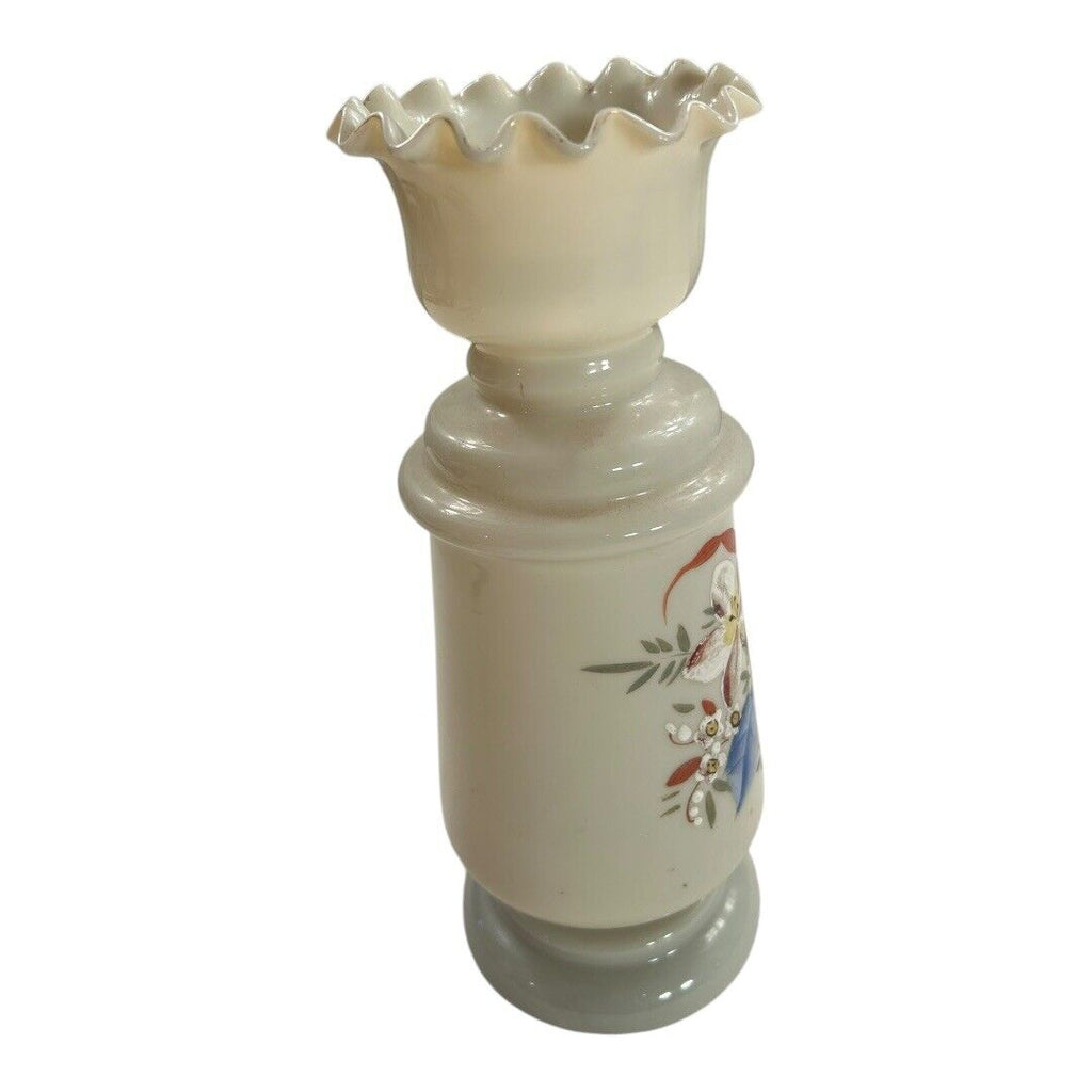Antique Victorian Hand Painted Opaline Fluted Floral Handblown Glass Vase