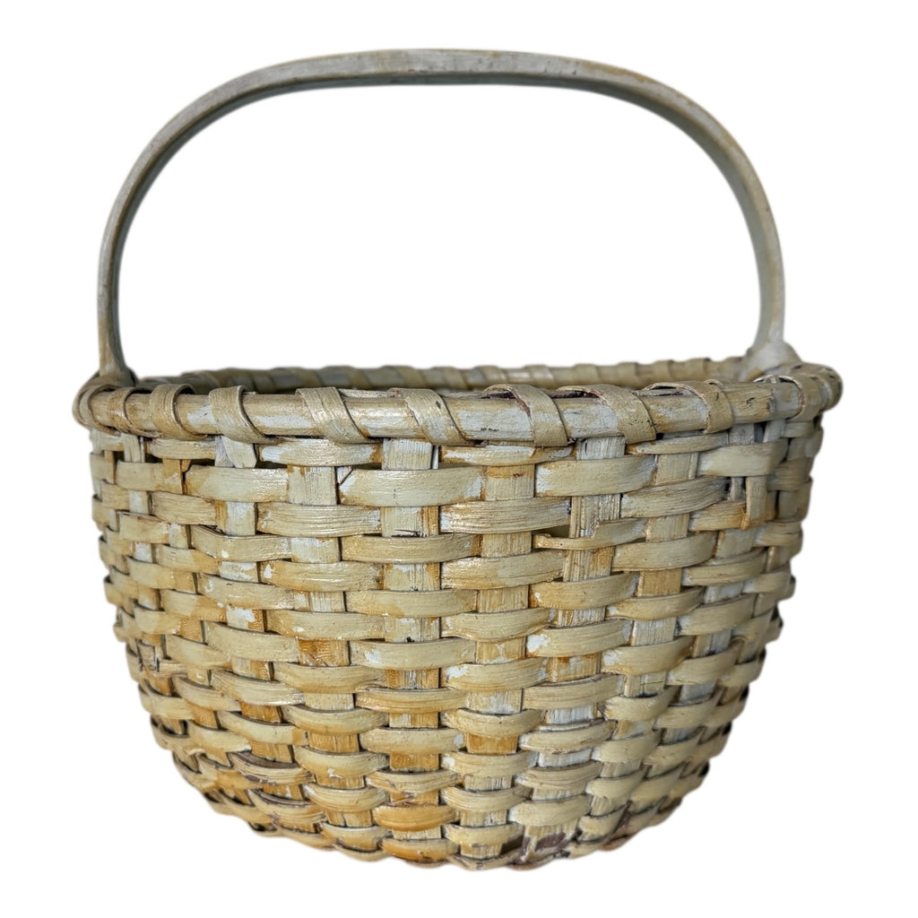 Antique Americana Handwoven Light Green Painted Basket with Bent Wood Handle
