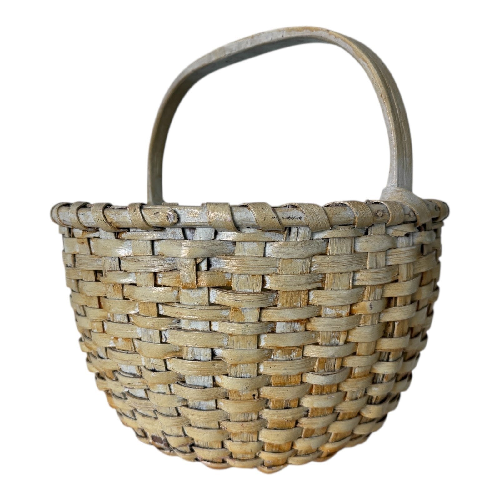 Antique Americana Handwoven Light Green Painted Basket with Bent Wood Handle