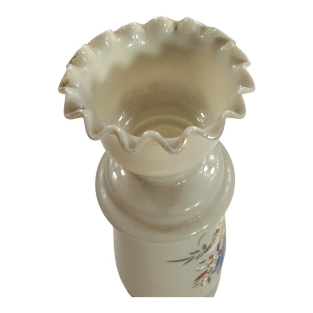 Antique Victorian Hand Painted Opaline Fluted Floral Handblown Glass Vase