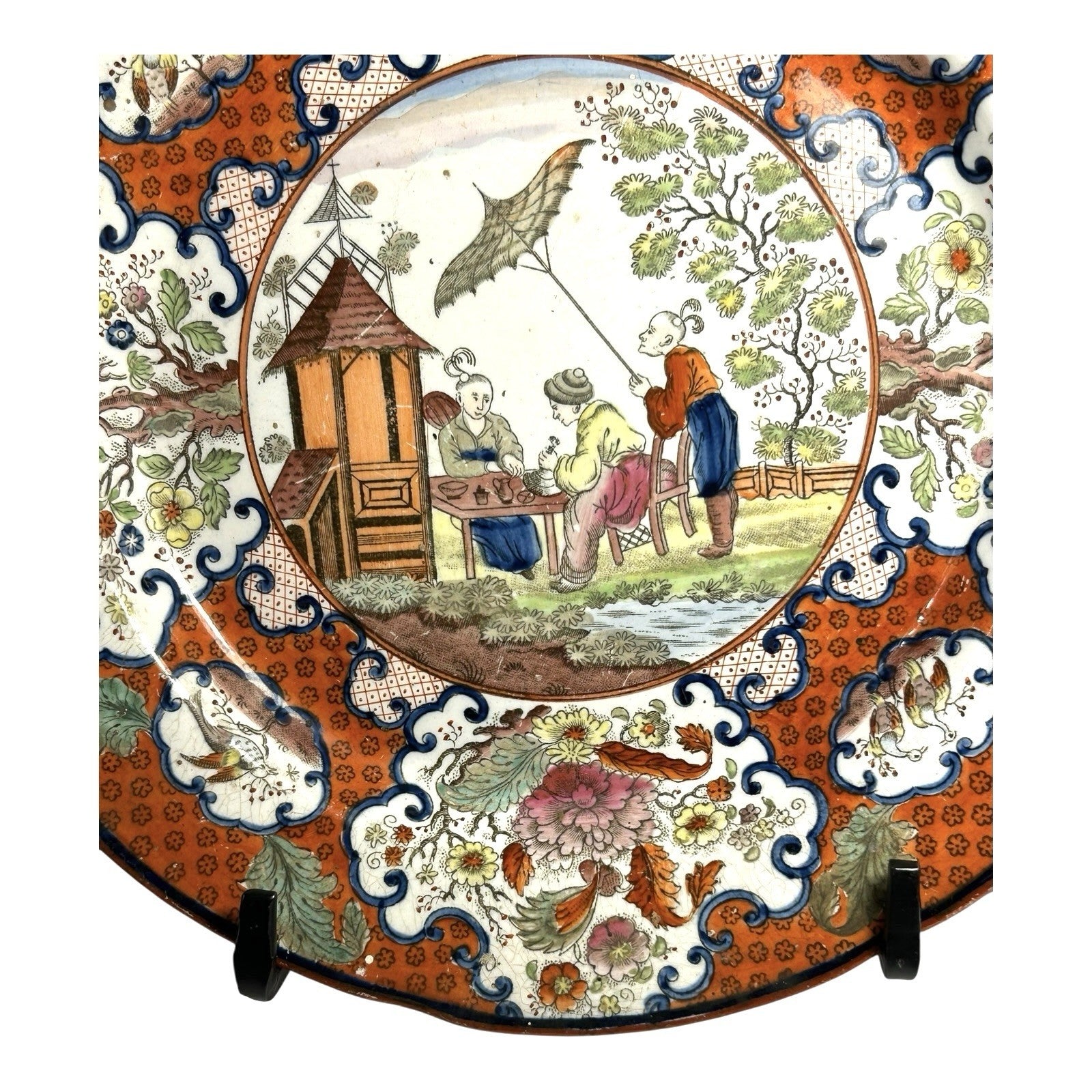 Antique Pearlware Cabinet Plate in Apothecary or Parasol Chinoserie Pattern
