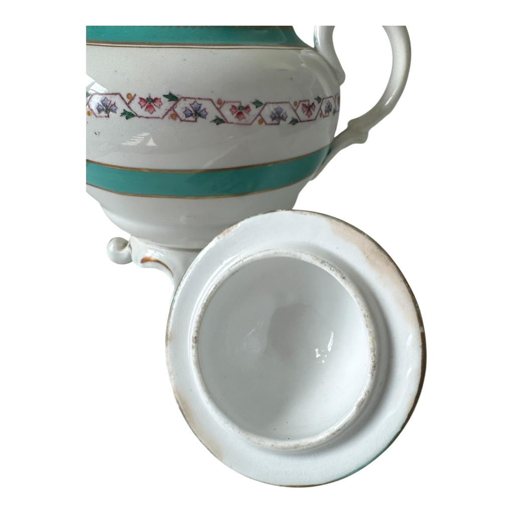 Antique Victorian Porcelain Covered Sugar Bowl - Double Handled Turquoise & Gold