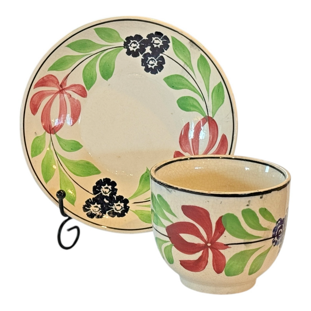 Antique Staffordshire Pearlware Hand-Painted Floral Cup & Saucer