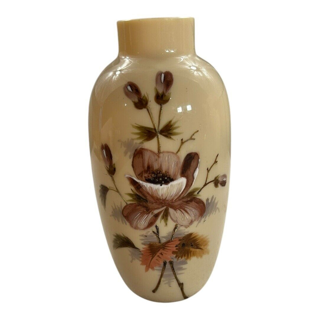 Antique Hand Painted Opaline Floral Handblown Glass Vase