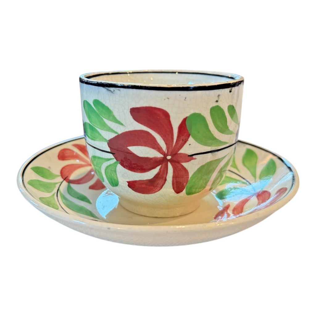 Antique Staffordshire Pearlware Hand-Painted Floral Cup & Saucer