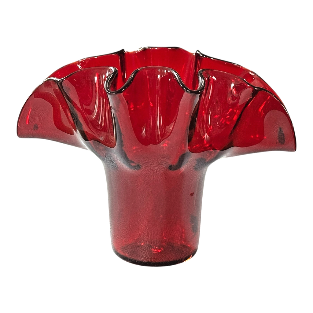 Vintage Mid-Century MCM Bischoff Ruby Red Handblown Art Glass Ruffled Fan Vase