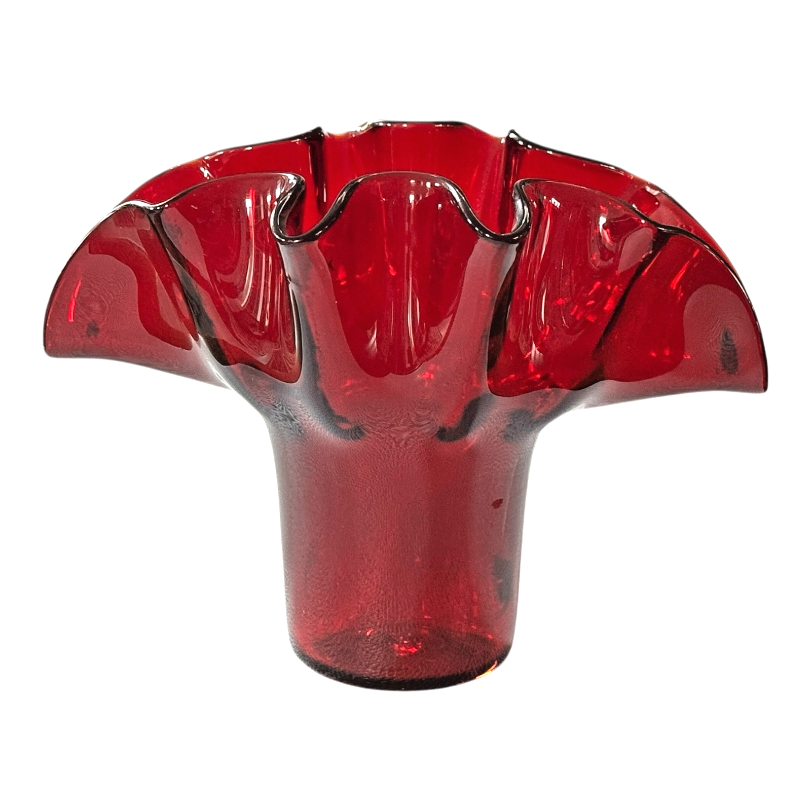 Vintage Mid-Century MCM Bischoff Ruby Red Handblown Art Glass Ruffled Fan Vase
