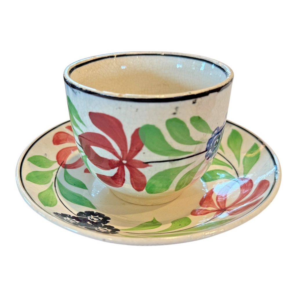 Antique Staffordshire Pearlware Hand-Painted Floral Cup & Saucer