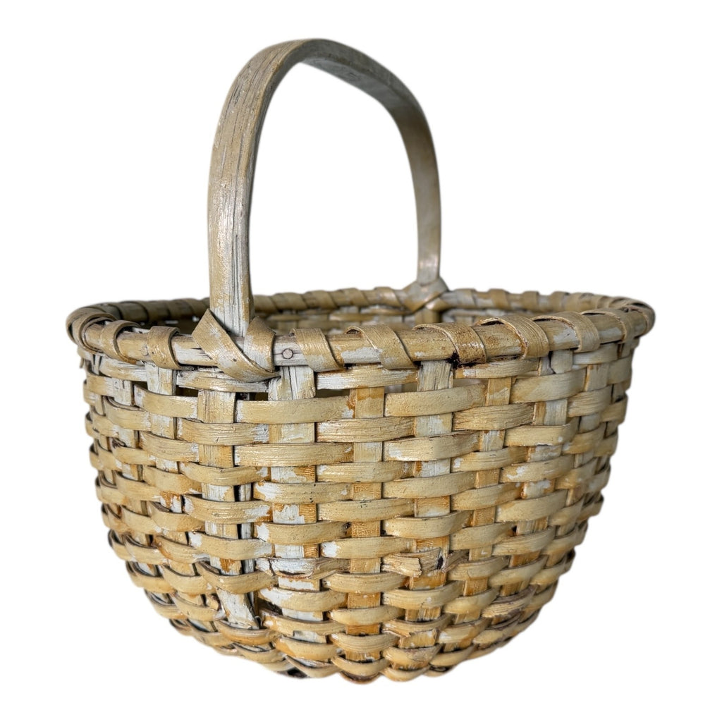 Antique Americana Handwoven Light Green Painted Basket with Bent Wood Handle