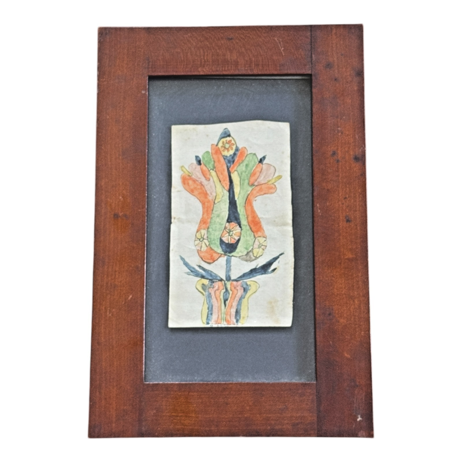 Antique Pennsylvania Folk Art Watercolor Fraktur Drawing, Tulip Flower - Framed