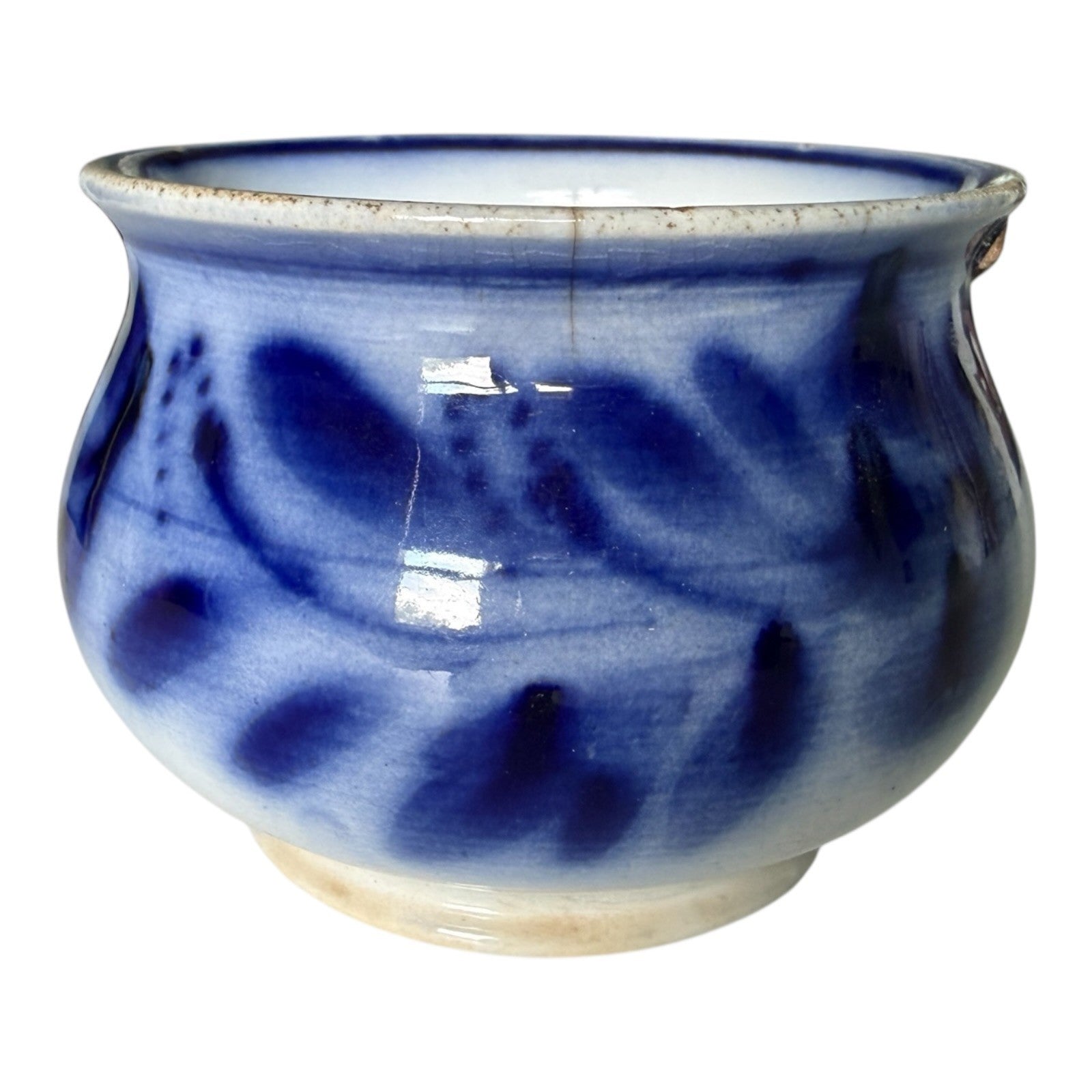 Antique Flow Blue Pottery Hand Painted Floral Jardiniere Cache Pot Bowl