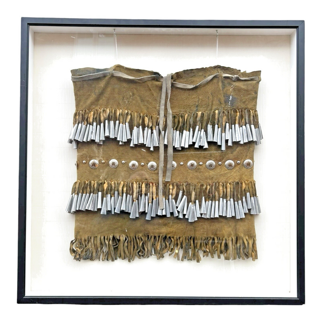 Vintage Native American Apache Deer Hide Dance Kilt with Cones Conchas - Framed