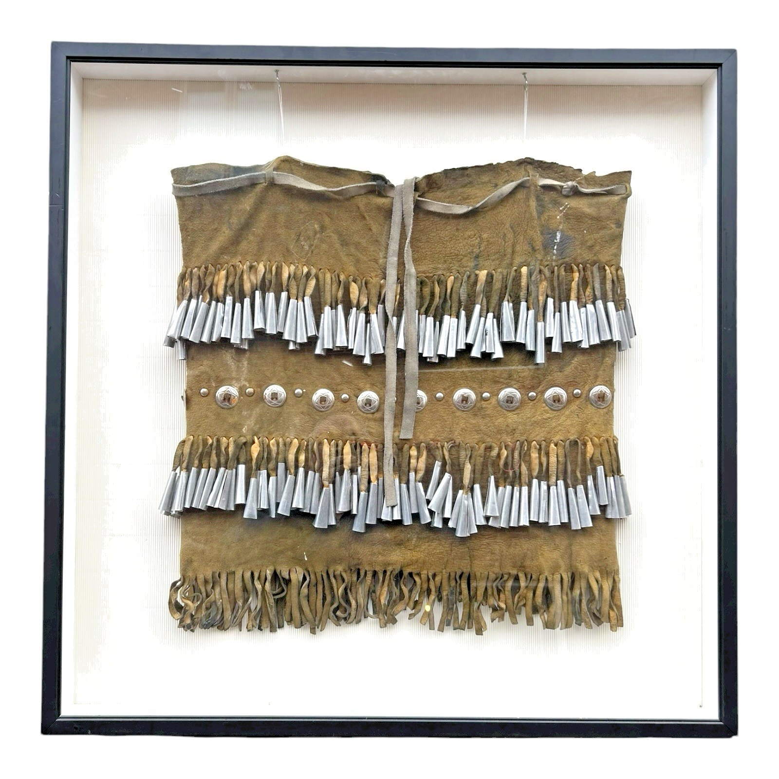 Vintage Native American Apache Deer Hide Dance Kilt with Cones Conchas - Framed