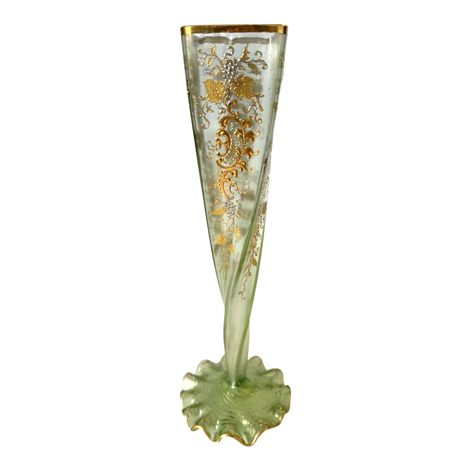 Antique Bohemian Czech Twisted Opalescent Glass Vase - Gilt Enamel Grapes