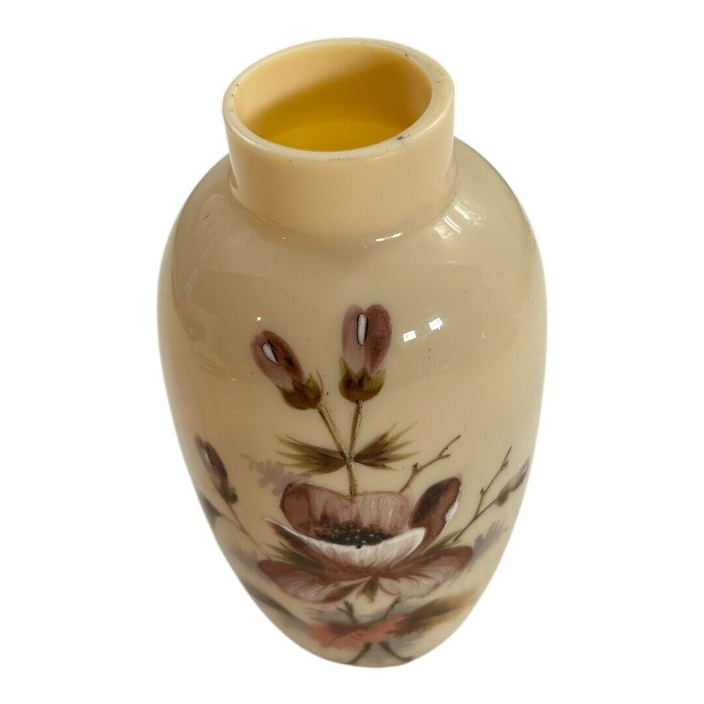 Antique Hand Painted Opaline Floral Handblown Glass Vase