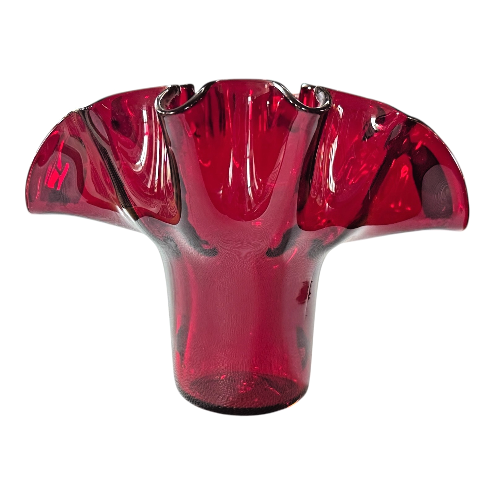 Vintage Mid-Century MCM Bischoff Ruby Red Handblown Art Glass Ruffled Fan Vase