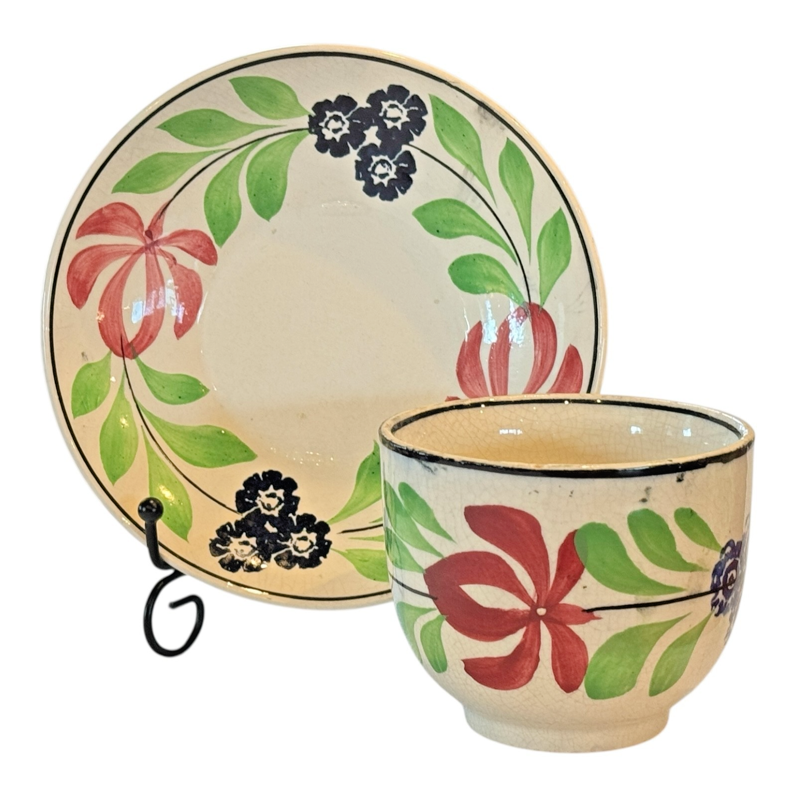 Antique Staffordshire Pearlware Hand-Painted Floral Cup & Saucer