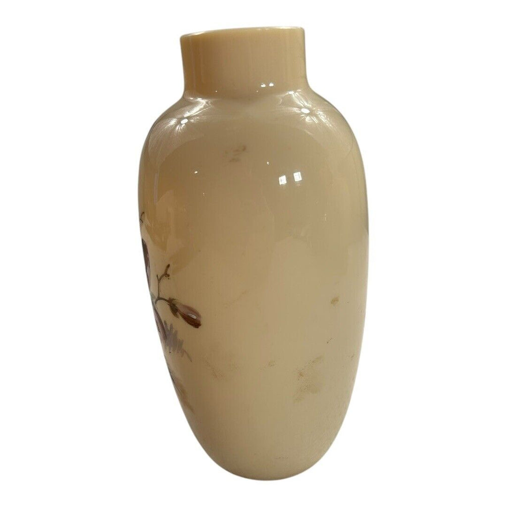 Antique Hand Painted Opaline Floral Handblown Glass Vase