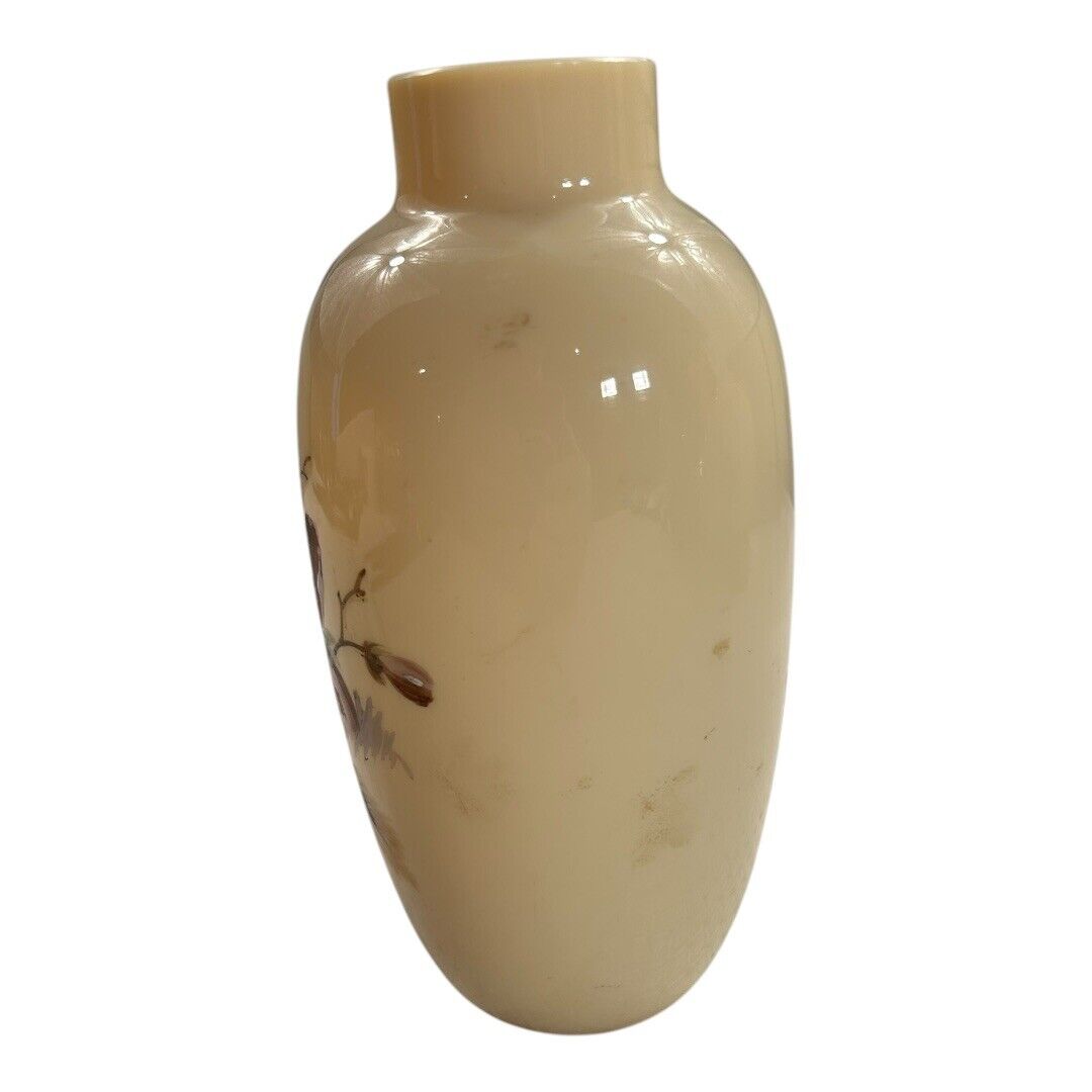 Antique Hand Painted Opaline Floral Handblown Glass Vase