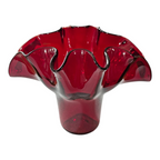 Vintage Mid-Century MCM Bischoff Ruby Red Handblown Art Glass Ruffled Fan Vase