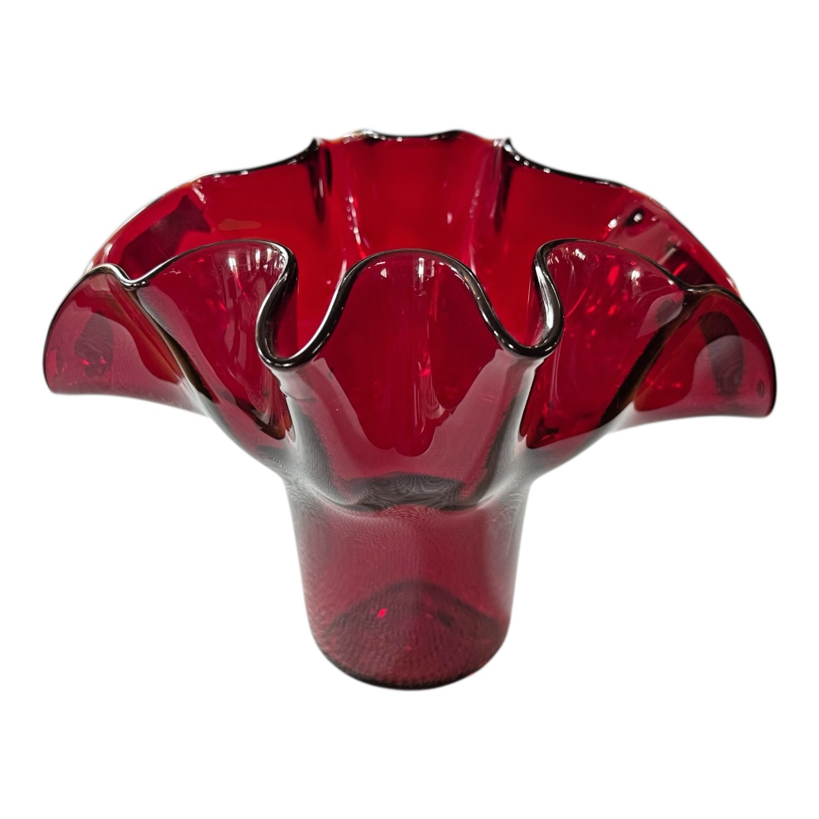Vintage Mid-Century MCM Bischoff Ruby Red Handblown Art Glass Ruffled Fan Vase