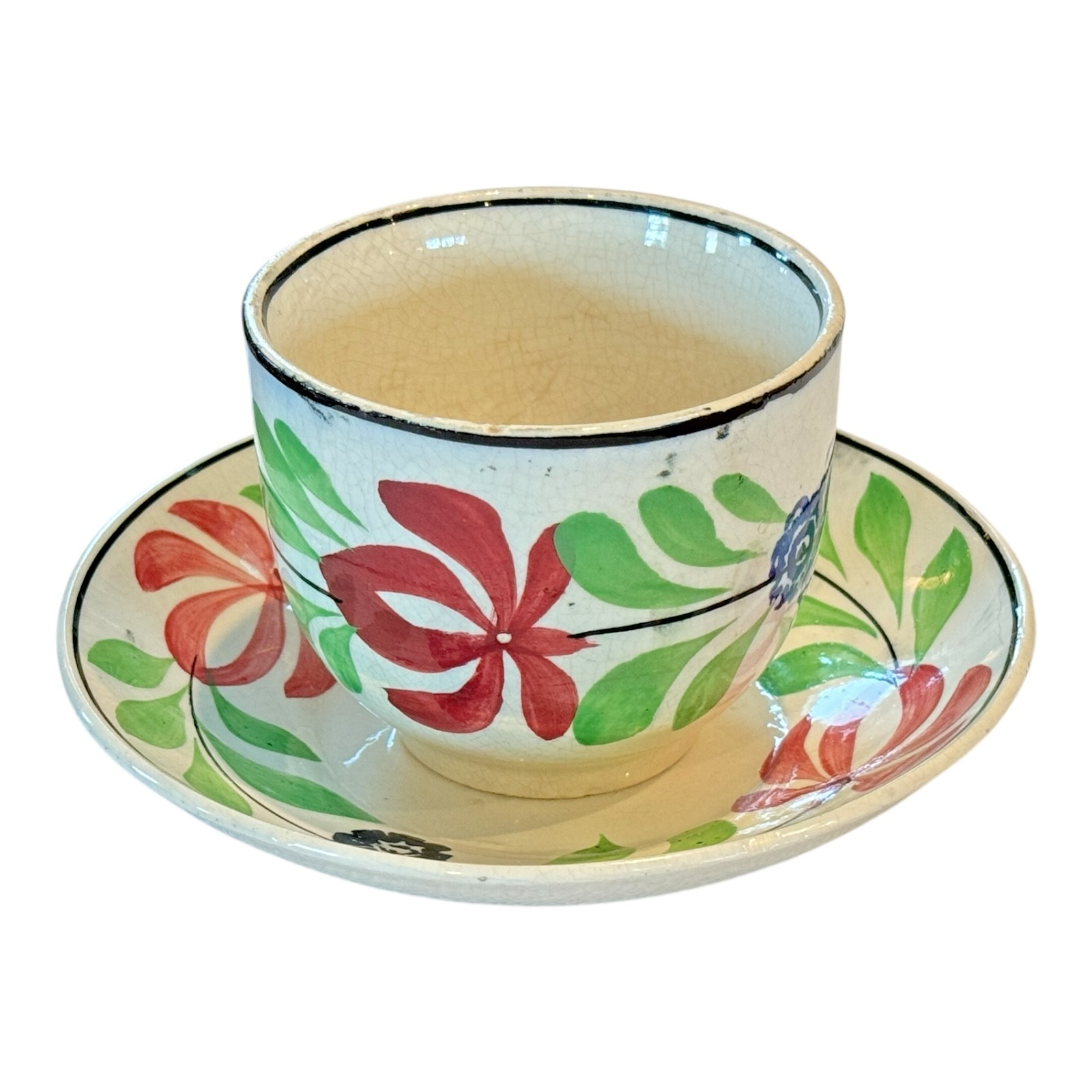 Antique Staffordshire Pearlware Hand-Painted Floral Cup & Saucer