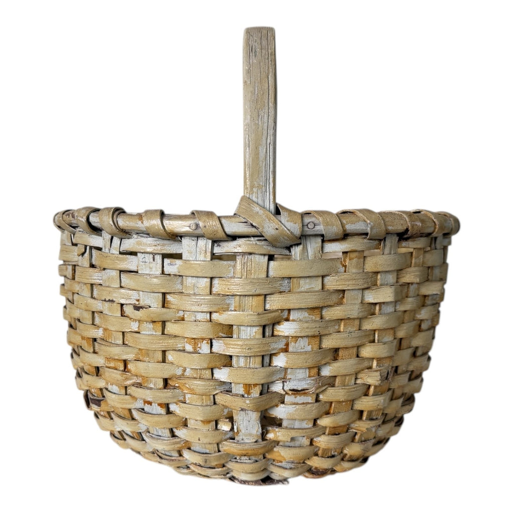 Antique Americana Handwoven Light Green Painted Basket with Bent Wood Handle