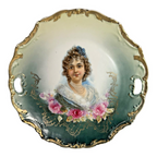 Antique Victorian Lady & Roses Portrait Cabinet Plate with Gold Gilt