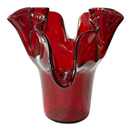 Vintage Mid-Century MCM Bischoff Ruby Red Handblown Art Glass Ruffled Fan Vase