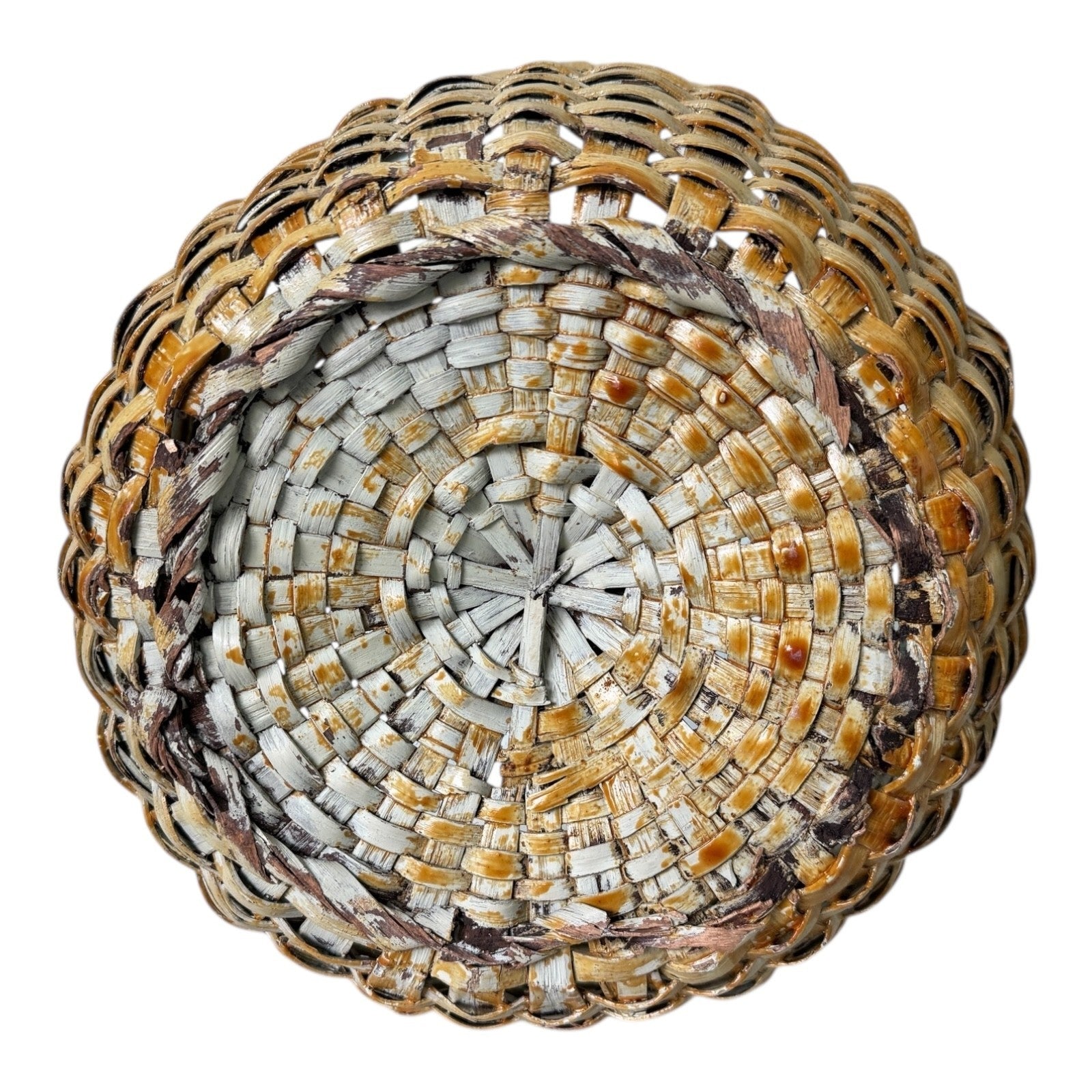 Antique Americana Handwoven Light Green Painted Basket with Bent Wood Handle