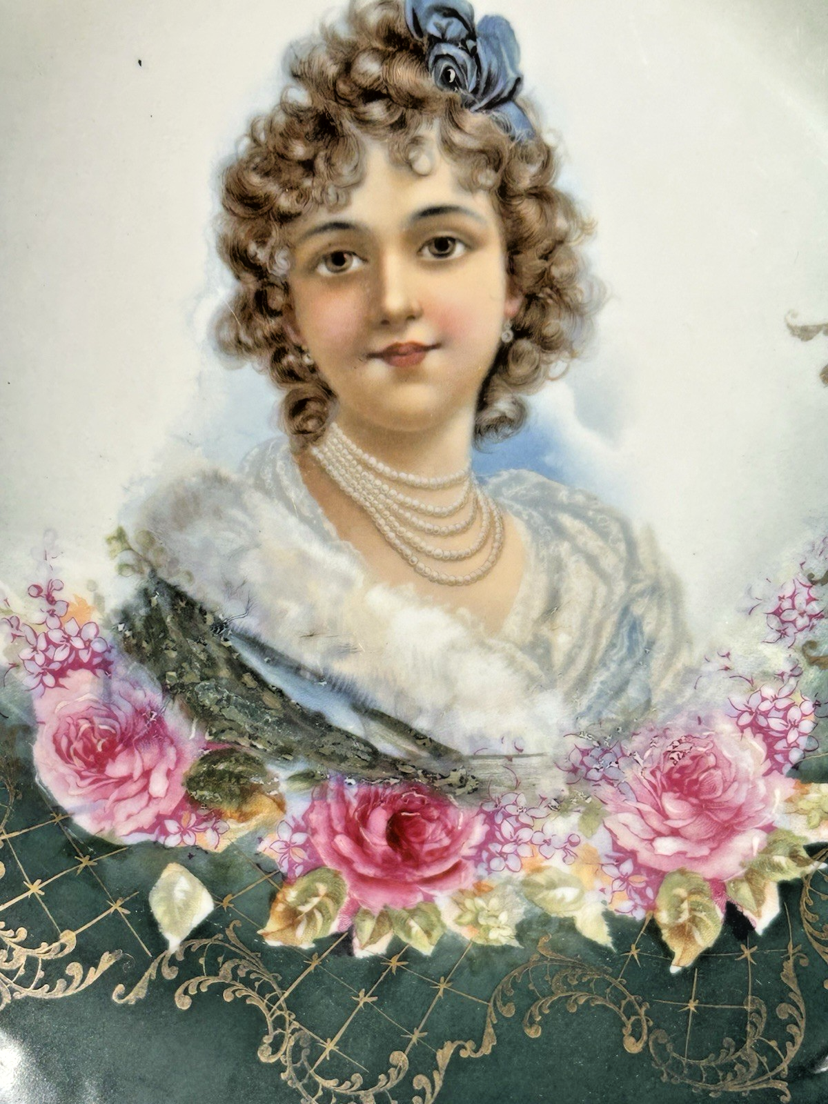 Antique Victorian Lady & Roses Portrait Cabinet Plate with Gold Gilt