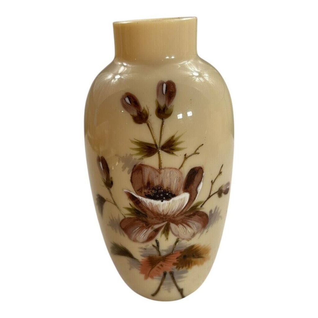 Antique Hand Painted Opaline Floral Handblown Glass Vase
