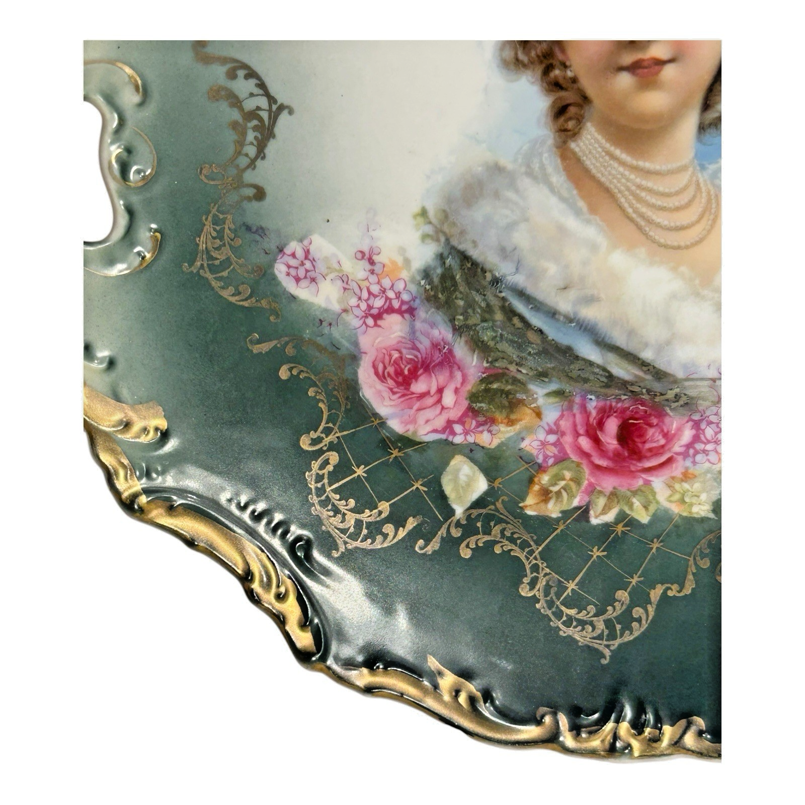Antique Victorian Lady & Roses Portrait Cabinet Plate with Gold Gilt