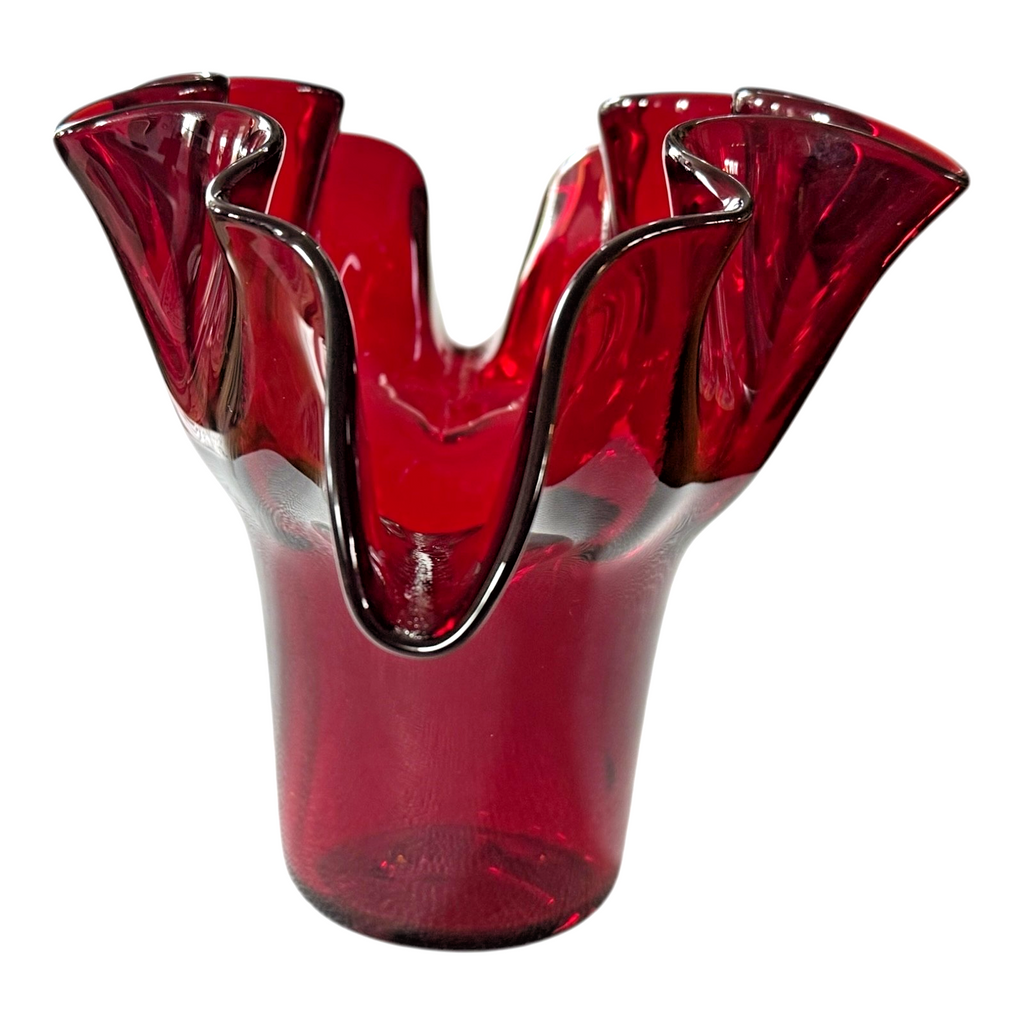 Vintage Mid-Century MCM Bischoff Ruby Red Handblown Art Glass Ruffled Fan Vase