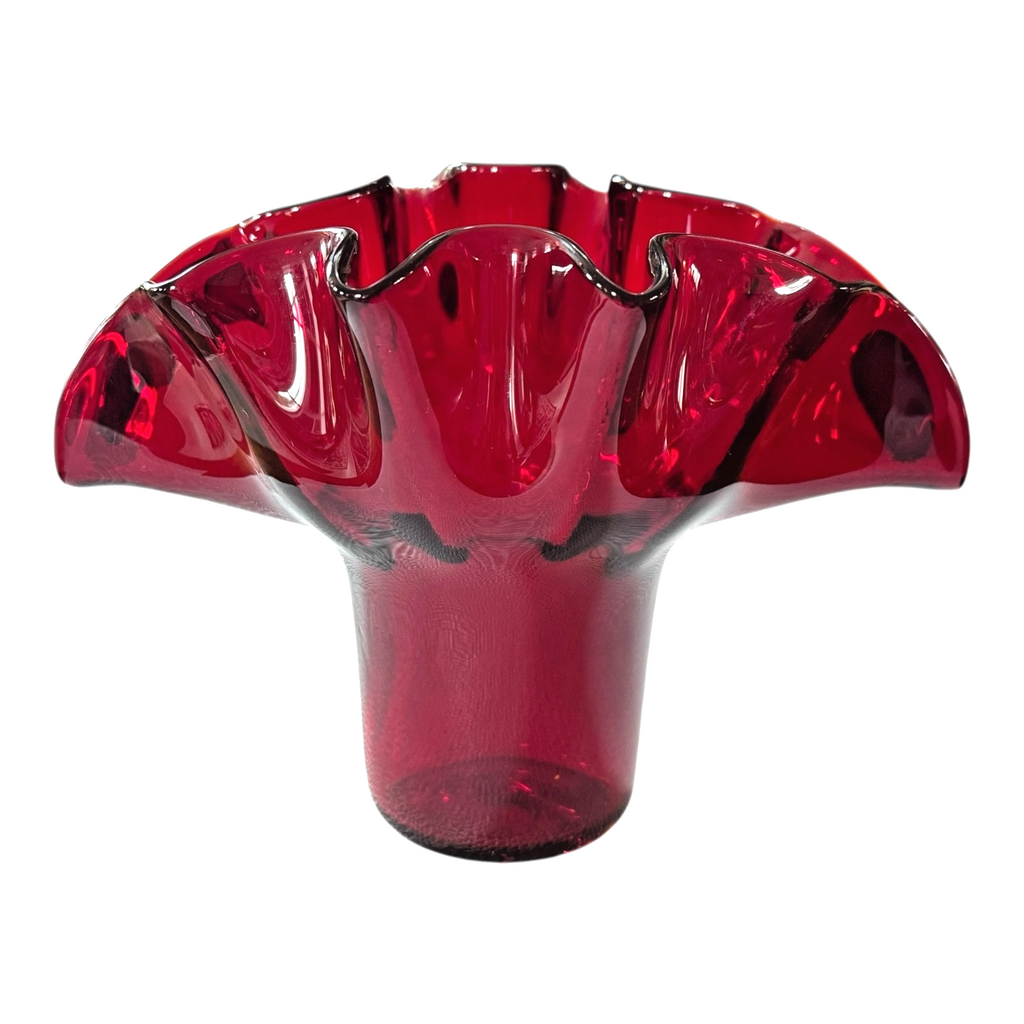 Vintage Mid-Century MCM Bischoff Ruby Red Handblown Art Glass Ruffled Fan Vase