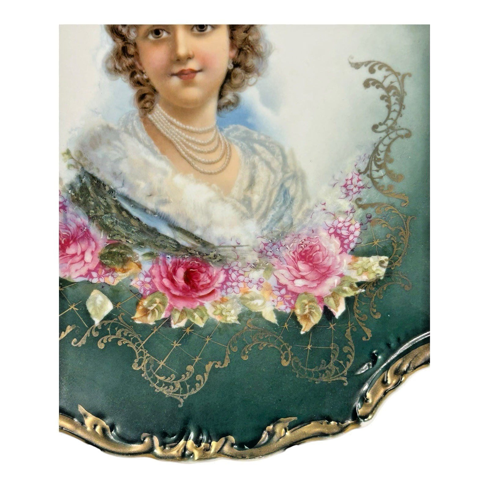 Antique Victorian Lady & Roses Portrait Cabinet Plate with Gold Gilt