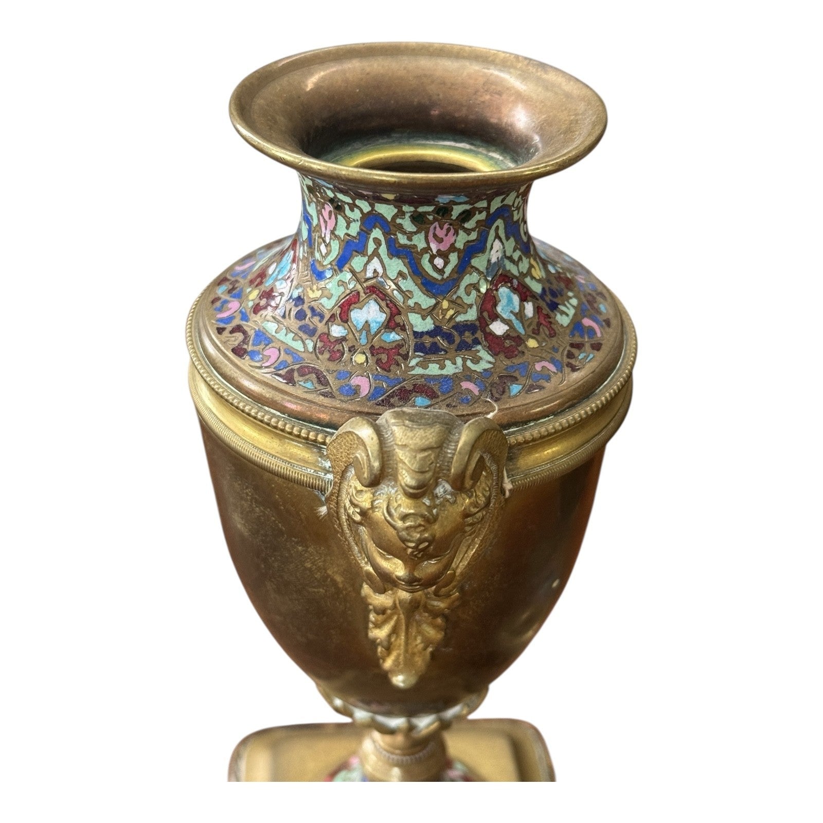 Antique Pair of Neoclassical Bronze & Cloisonné Mantel Urns or Vases