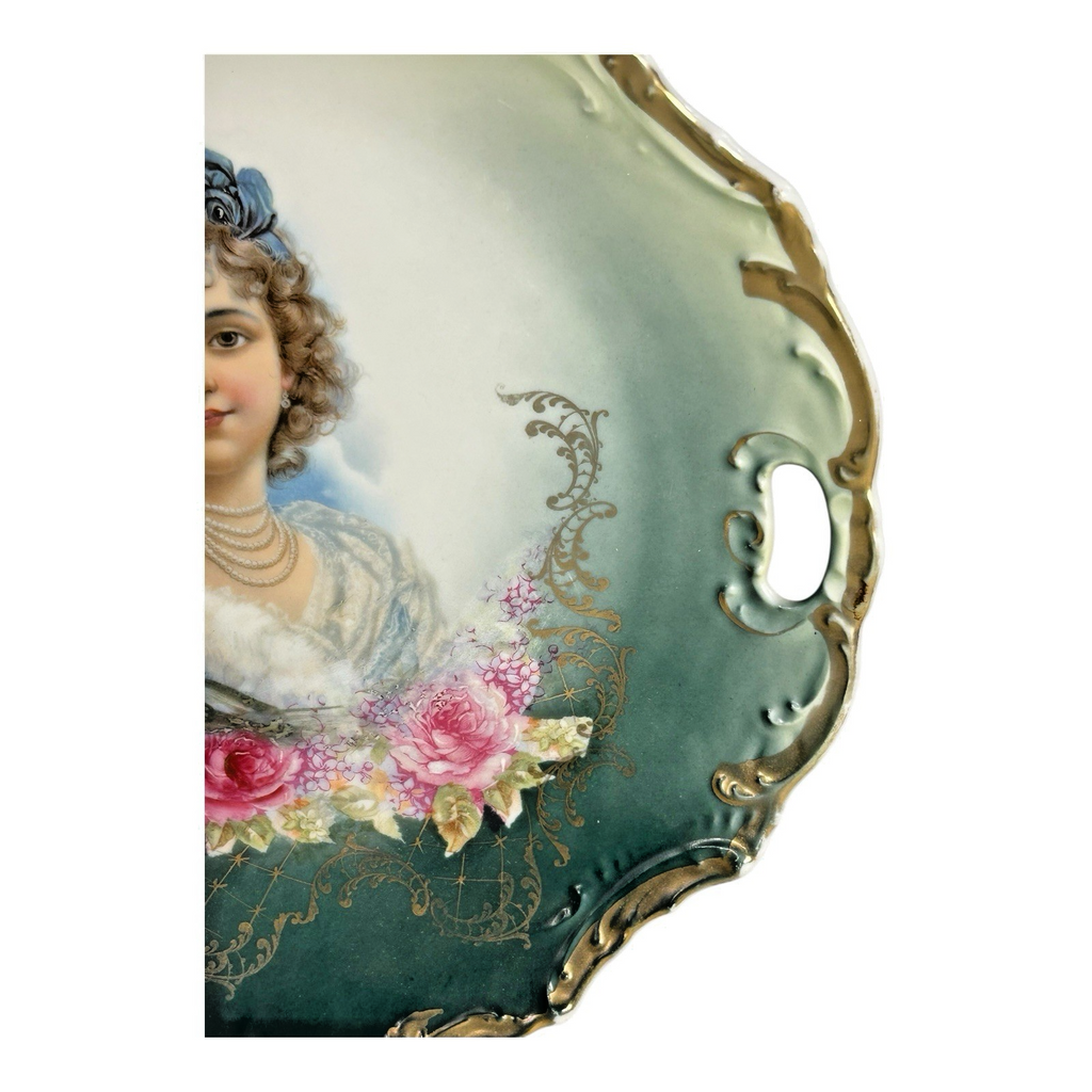Antique Victorian Lady & Roses Portrait Cabinet Plate with Gold Gilt