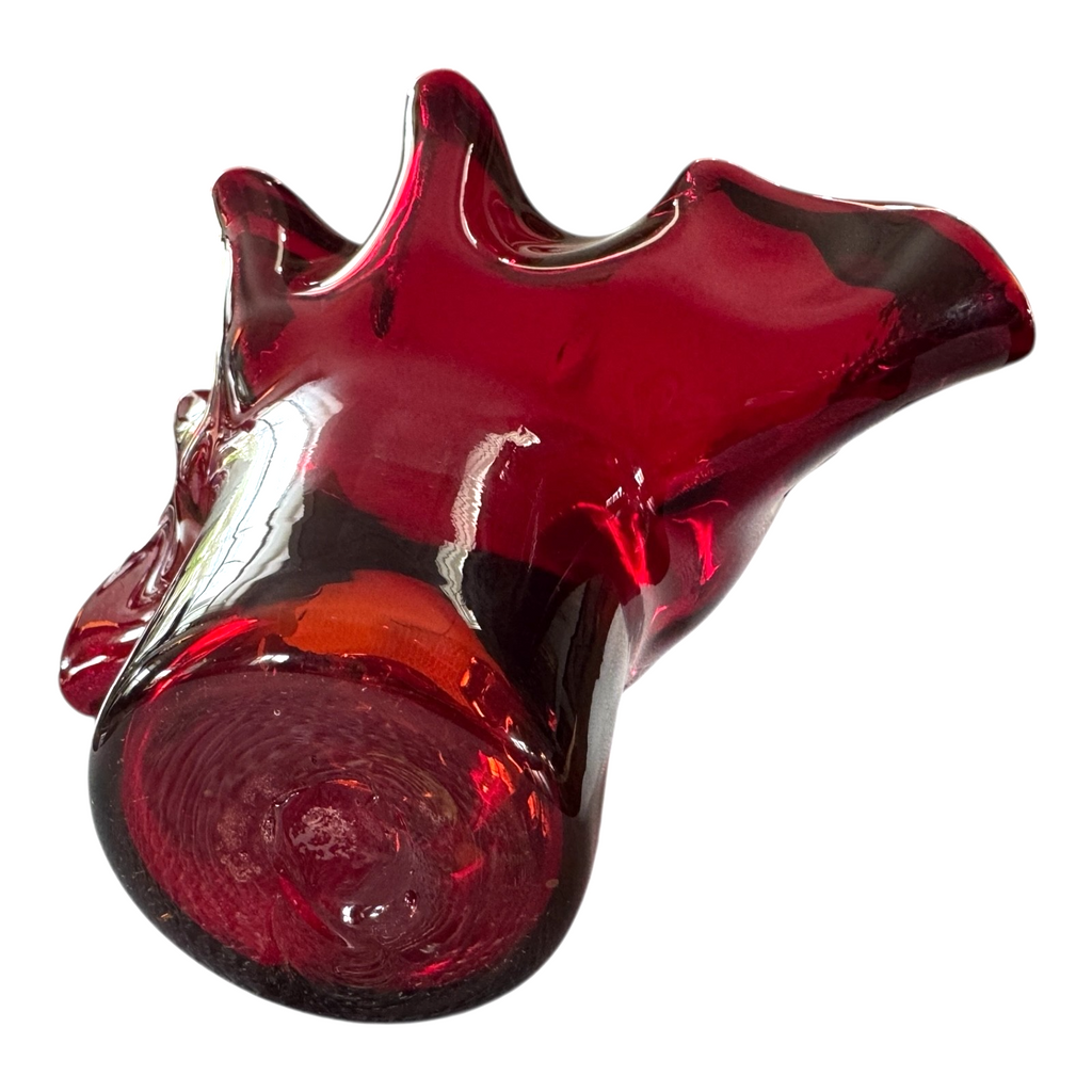 Vintage Mid-Century MCM Bischoff Ruby Red Handblown Art Glass Ruffled Fan Vase