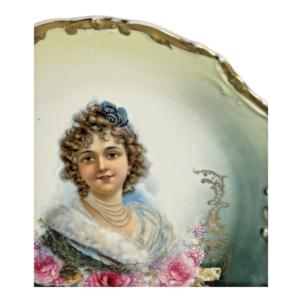 Antique Victorian Lady & Roses Portrait Cabinet Plate with Gold Gilt