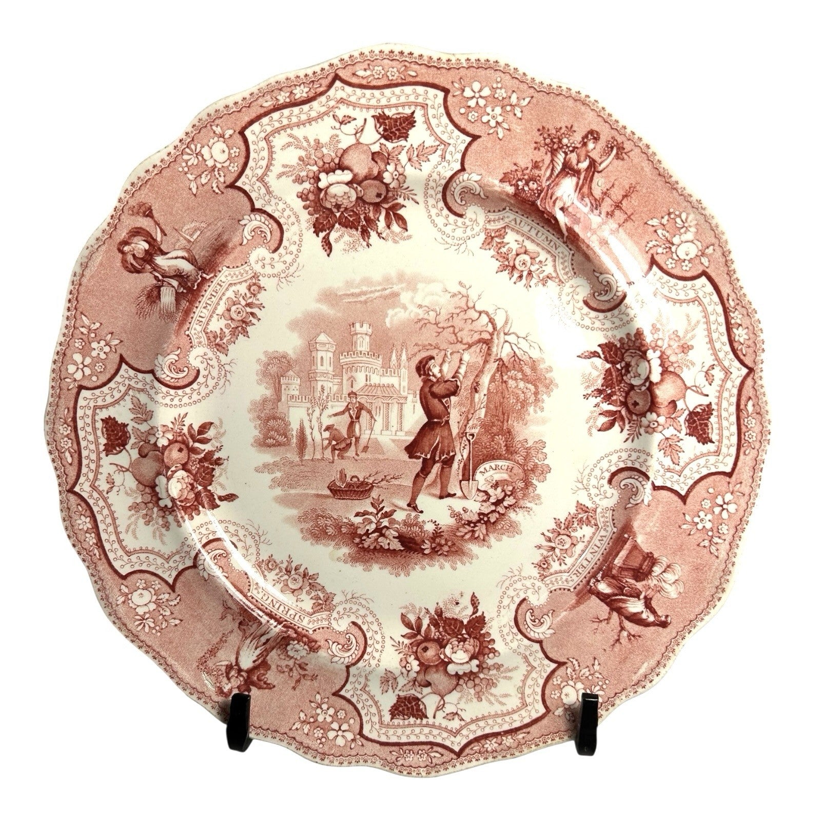 Antique William Adams & Sons Red Transferware Plate  in Seasons Pattern