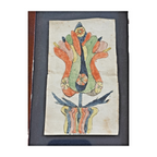Antique Pennsylvania Folk Art Watercolor Fraktur Drawing, Tulip Flower - Framed