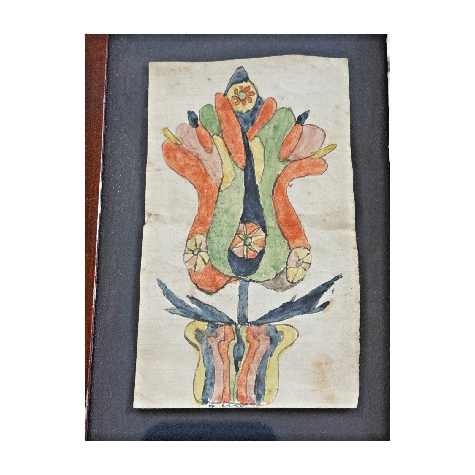 Antique Pennsylvania Folk Art Watercolor Fraktur Drawing, Tulip Flower - Framed