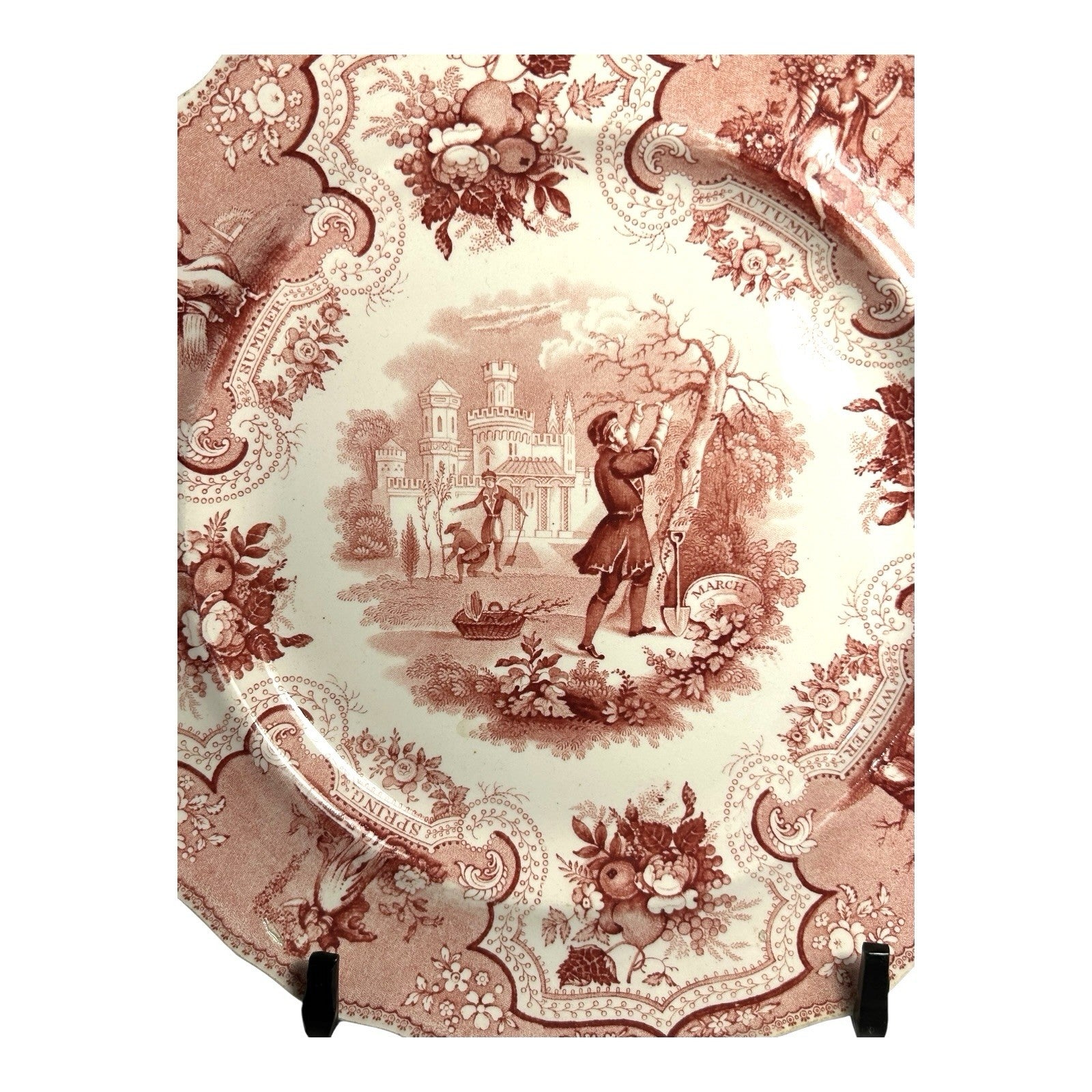 Antique William Adams & Sons Red Transferware Plate  in Seasons Pattern