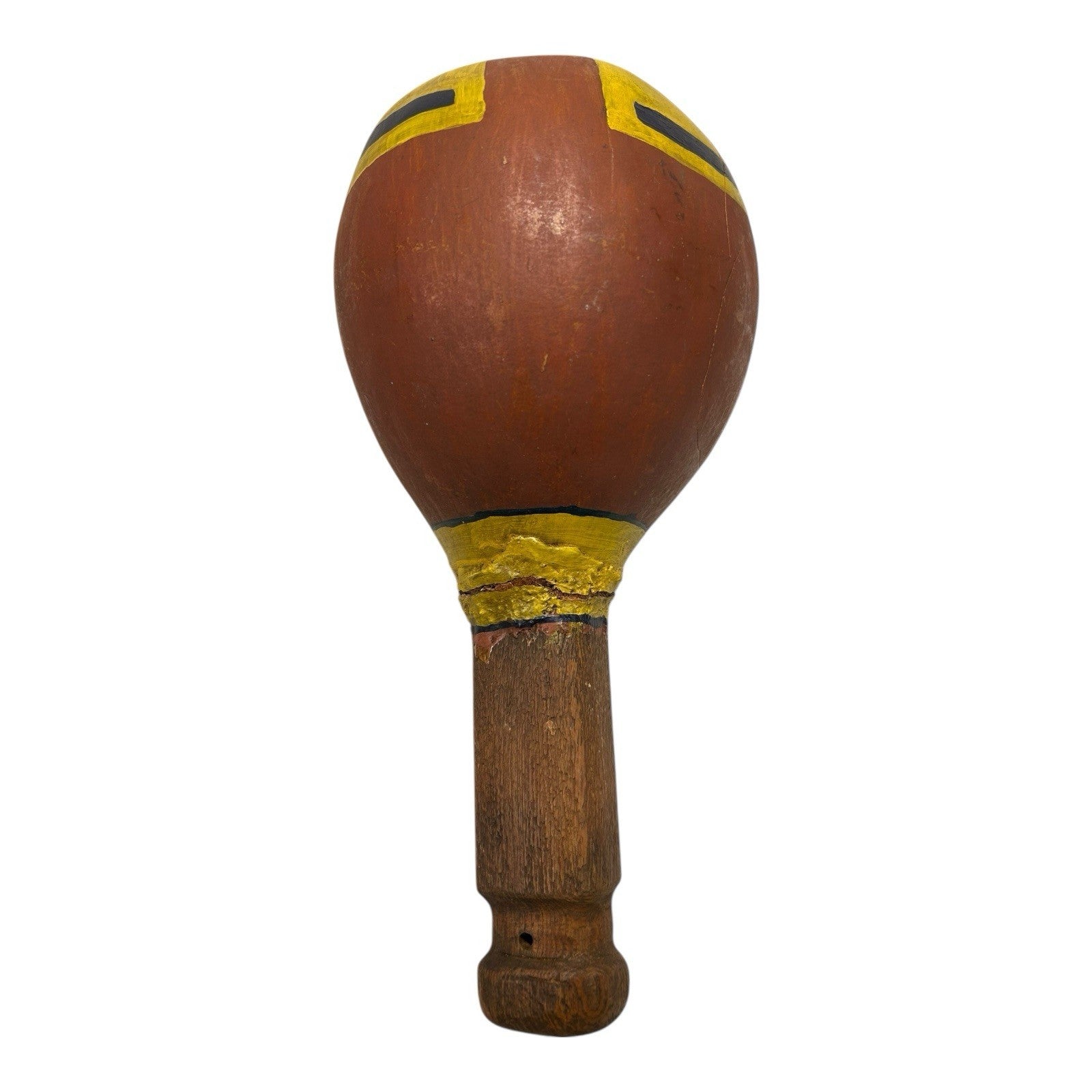 Vintage Native American Painted Gourd Rattle with Wood Handle & Feathers