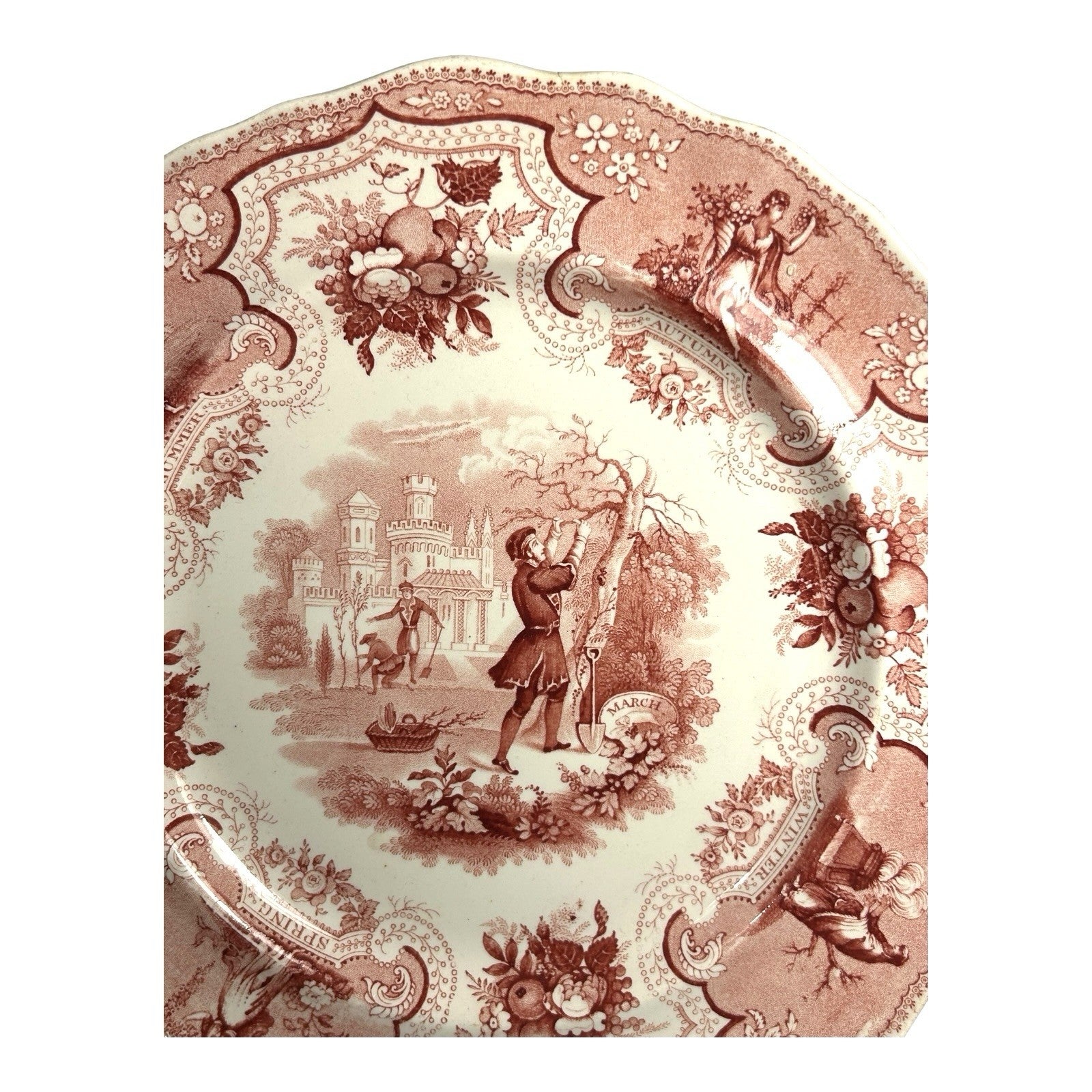 Antique William Adams & Sons Red Transferware Plate  in Seasons Pattern