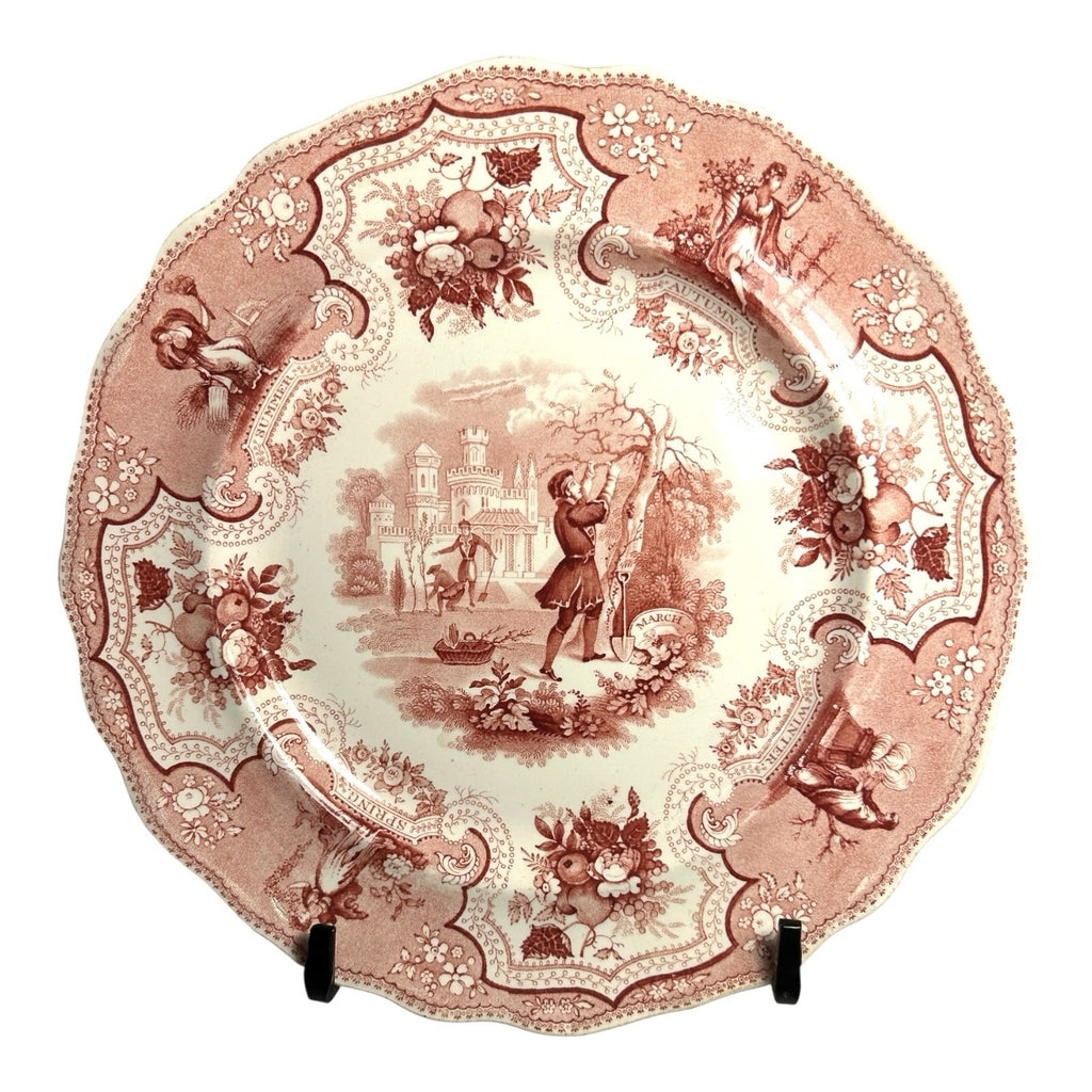 Antique William Adams & Sons Red Transferware Plate  in Seasons Pattern